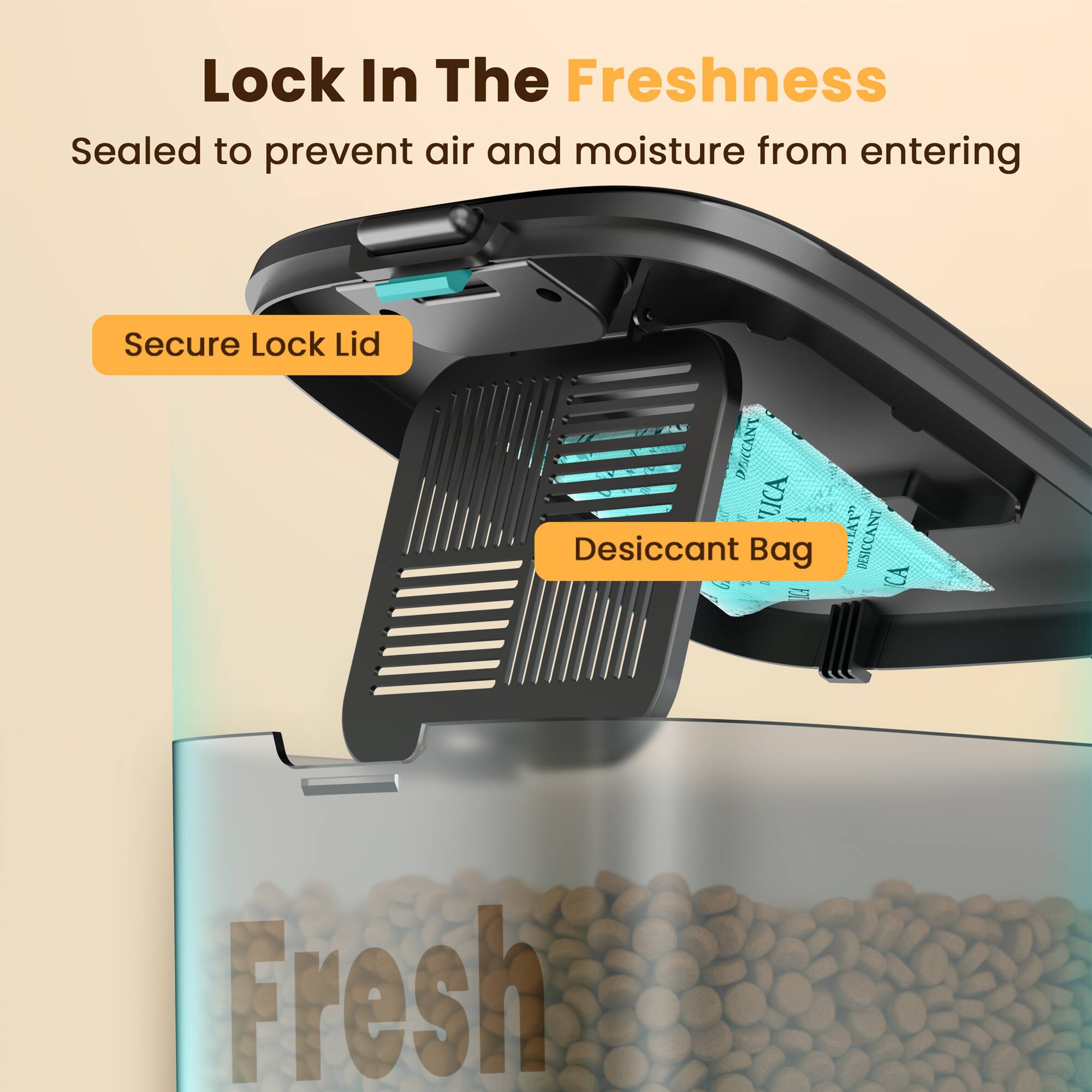 Lock In The Freshness  
Sealed to prevent air and moisture from entering  

Secure Lock Lid  
Desiccant Bag