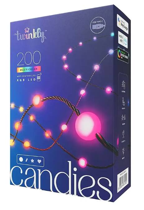 twinkly  
200  
MULTICOLOR  
APP CONTROLLED RGB LED  

candies  

USB TYPE-C  
works with Alexa  
works with Google  
works with Apple HomeKit  

IP 65  

105374348