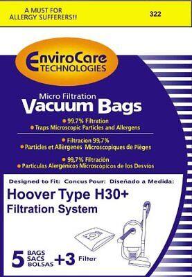 A MUST FOR ALLERGY SUFFERERS!!  
322 EnviroCare TECHNOLOGIES Micro Filtration Vacuum Bags  
99.7% Filtration Traps Microscopic Particles and Allergens  
Filtración 99.7% Partículas y Alergénicos Microscópicos de Pies  
99.7% Filtración Partículas Alergénicos Microscópicos de los Desvios  
Designed to Fit: Conçu Pour: Diseñado a Medida: Hoover Type H30+ Filtration System  
5 BAGS +3 Filter  
BOLSAS +3