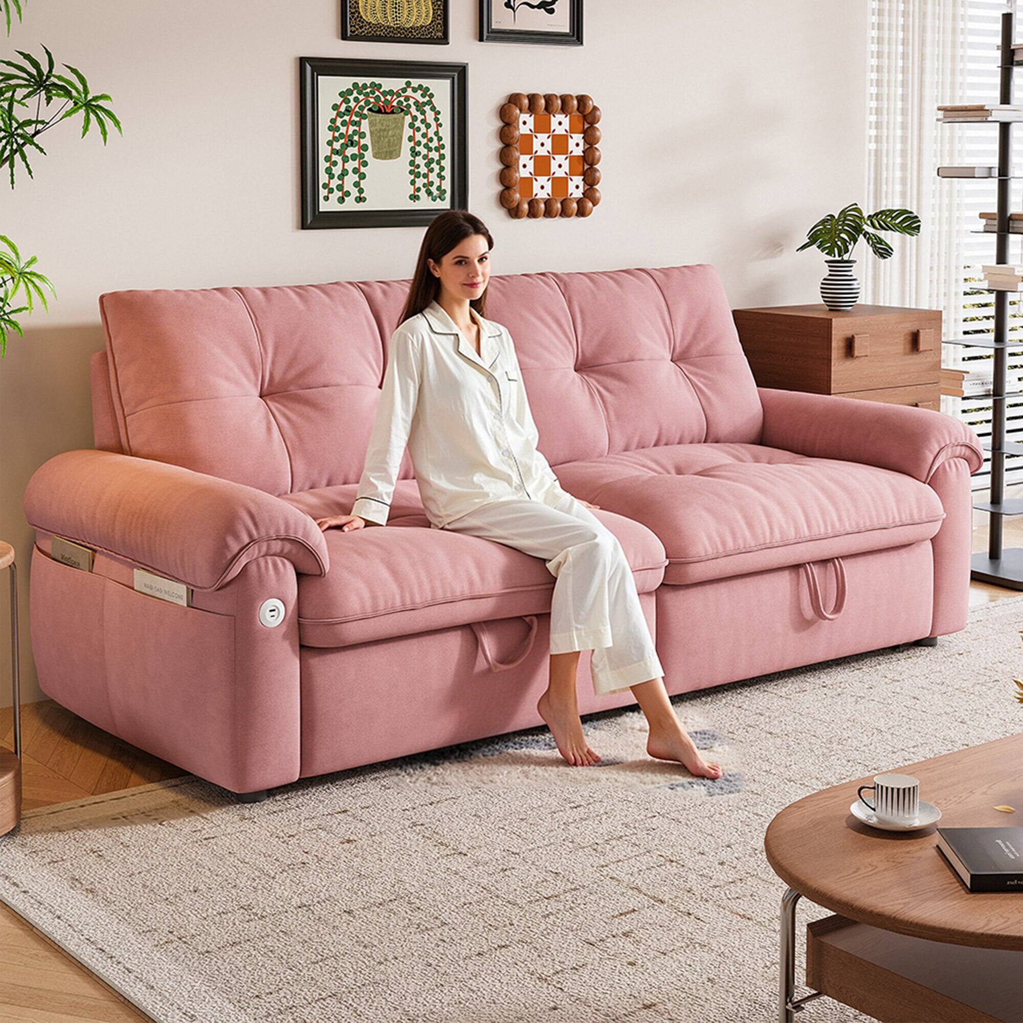 Alt View 5. Boyel Living - 77in 2 in 1 Convertible Sofa Bed Cloud Like Velvet Fabric Steel Frame 600 lbs Load Capacity Small Space Pink - Pink.