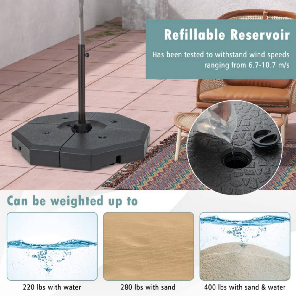 Refillable Reservoir  
Has been tested to withstand wind speeds ranging from 6.7-10.7 m/s  

Can be weighted up to  
220 lbs with water  
280 lbs with sand  
400 lbs with sand & water