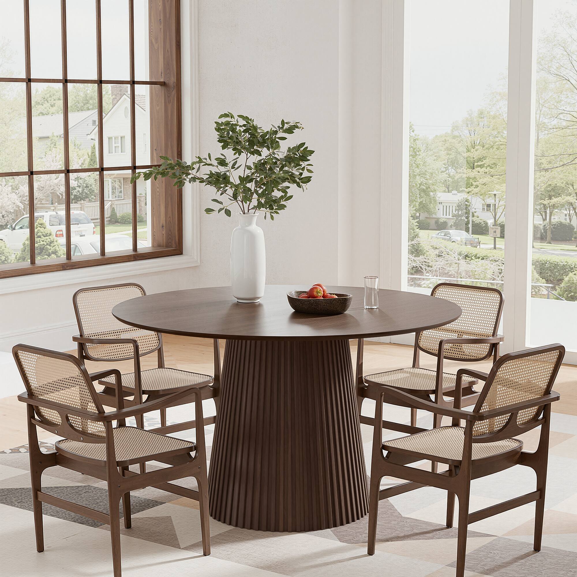 Angle. PexFix - Minimalist Farmhouse Solid Oak Dining Table, 46" Round with Tapered Pedestal Base for 4 - WALNUT.