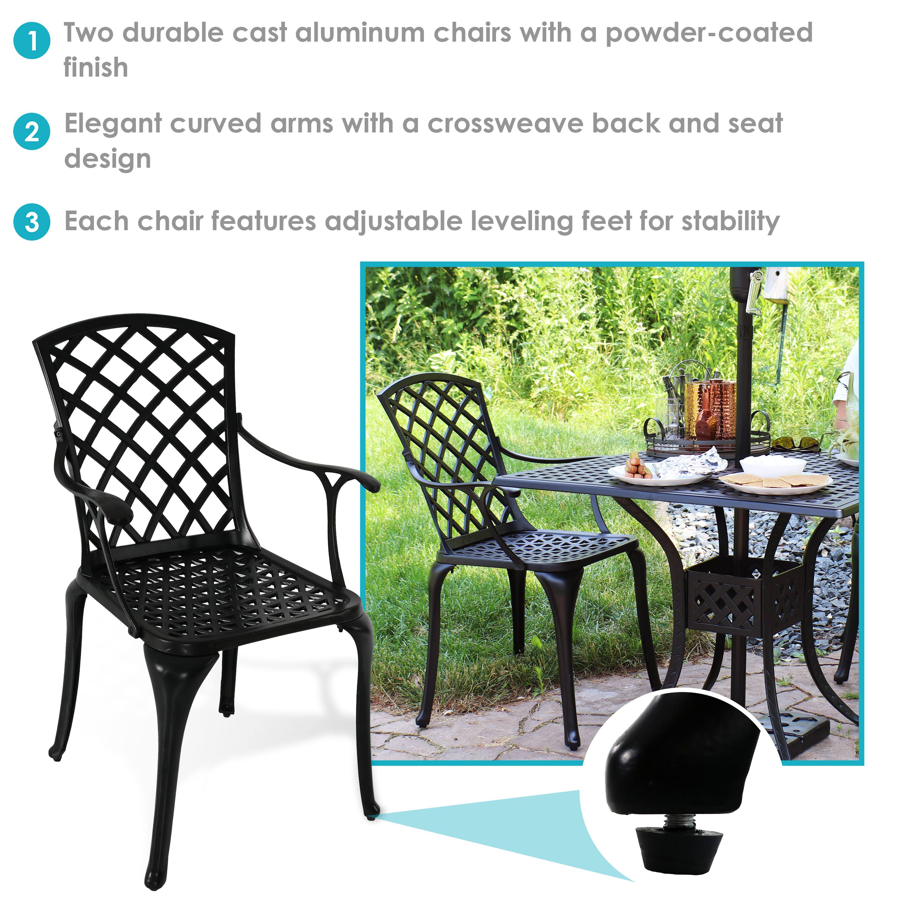 1. Two durable cast aluminum chairs with a powder-coated finish
2. Elegant curved arms with a crossweave back and seat design
3. Each chair features adjustable leveling feet for stability