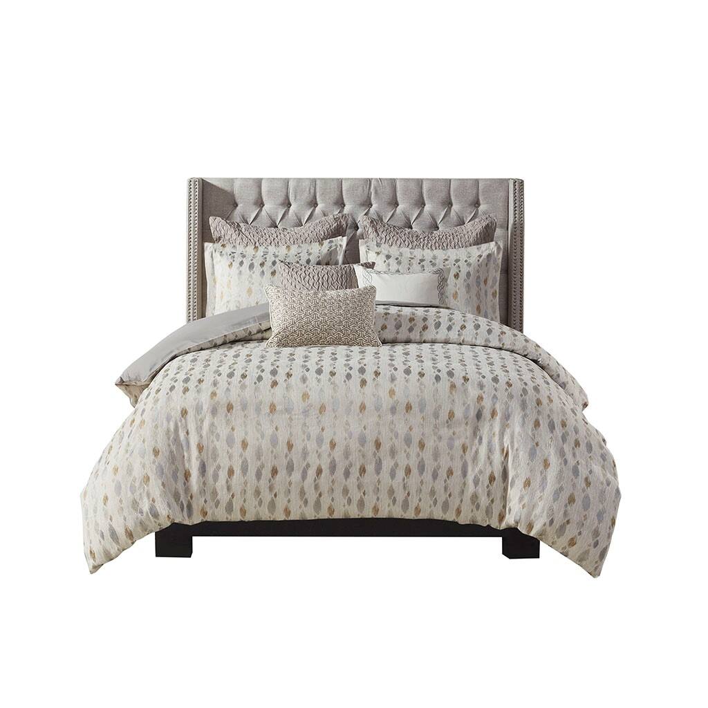 Front. Gracie Mills - Gracie Mills Nicholson Abstract Jacquard Comforter Set with Decorative Pillows - Taupe/Gold.