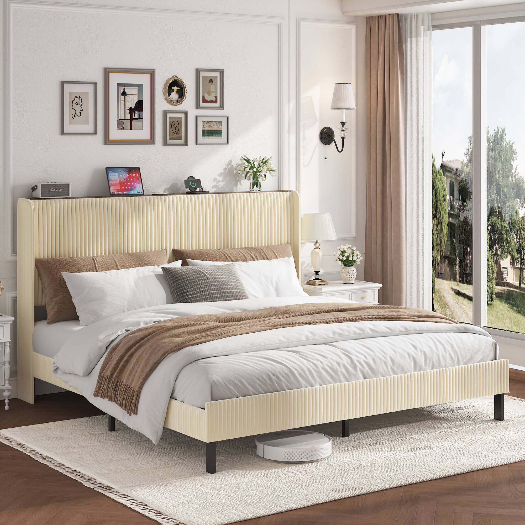 Left. LUCKY ONE - King Size Platform Bed , Metal Bed Frame with Charging Station - Beige.