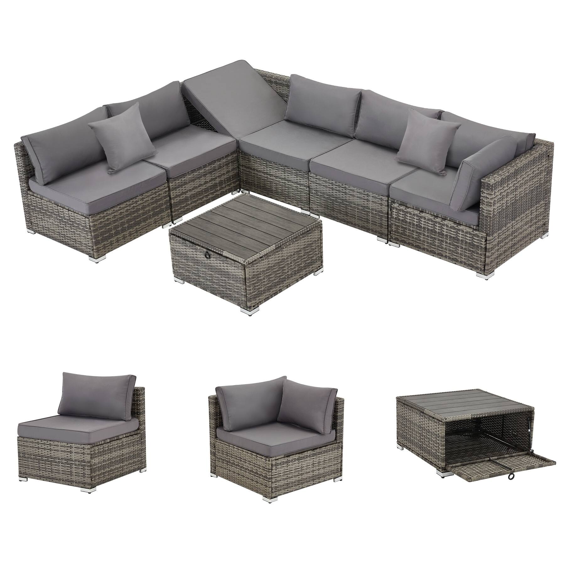 Alt View 4. U-HOMY - 7-Piece Modular Outdoor Rattan Sofa Set – All-Weather Wicker Patio Furniture with Storage Table, Cushions & Pillows - Grey.