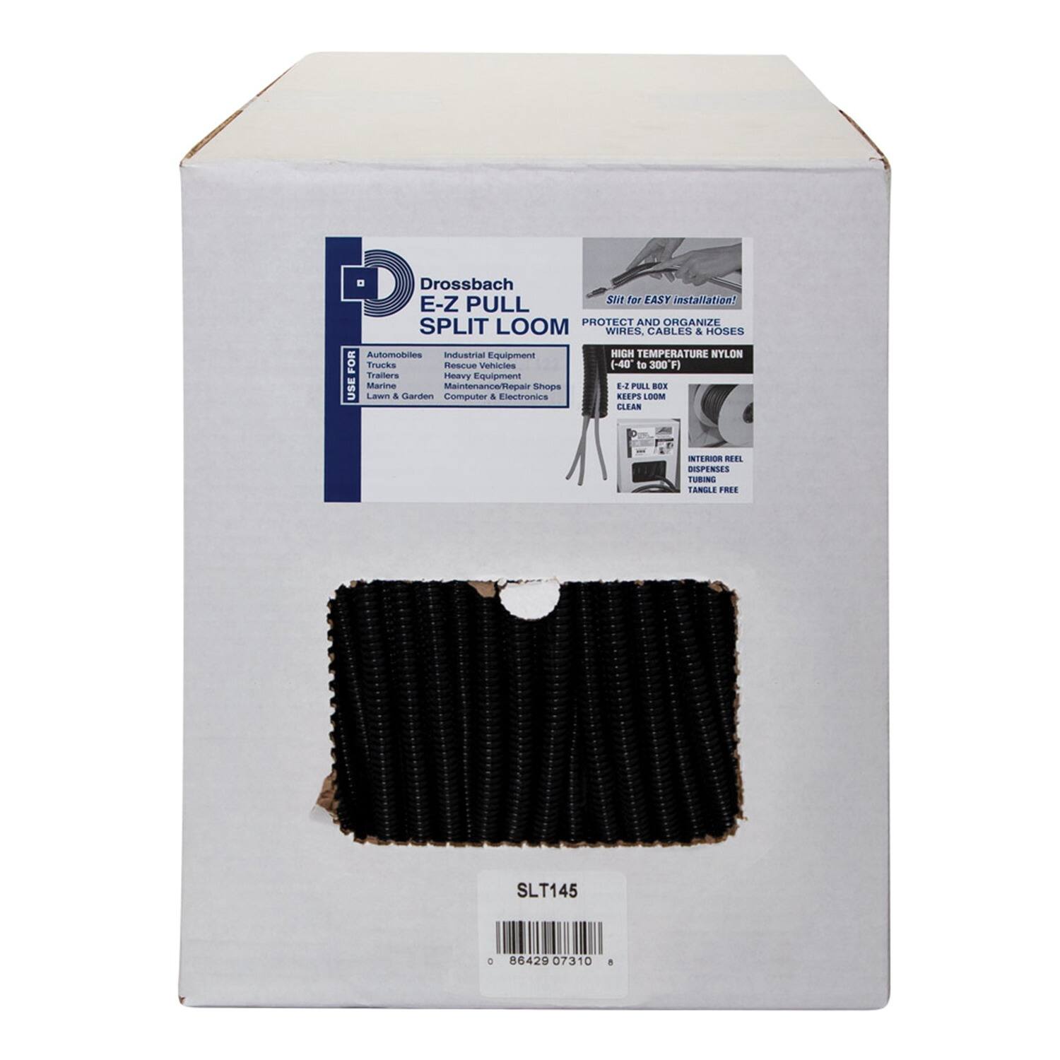 Drossbach E-Z PULL SPLIT LOOM  
EASY installation!  
PROTECT AND ORGANIZE WIRES, CABLES & HOSES  
Automobiles Industrial Equipment  
Trucks Rescue Vehicles  
Trailers Heavy Equipment  
Marine Maintenance/Repair Shops  
Lawn & Garden Computer & Electronics  
KEEPS LOOM CLEAR  
-40 to 300 F  
HIGH TEMPERATURE NYLON  
INTERIOR REEL DISPENSES TANGLE FREE  
SLT145  
86429 07310 8