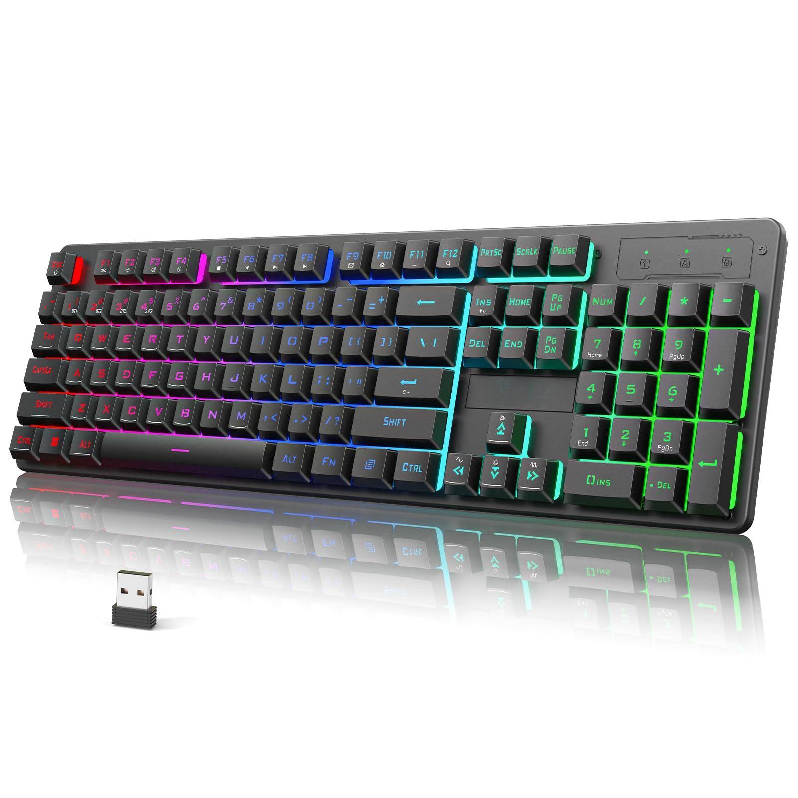 Sure, here is the corrected and grouped text from the image:

- F1 F2 F3 F4 F5 F6 F7 F8 F9 F10 F11 F12
- 1 2 3 4 5 6 7 8 9 0 - = + Backspace
- Q W E R T Y U I O P [ ] \
- A S D F G H J K L ; ' Enter
- Z X C V B N M , . / Shift
- Fn Ctrl Alt Spacebar Alt Fn
- Insert Home PgUp Num / * - + NumLock
- Delete End PgDn
- 7 8 9 4 5 6 1 2 3 0 . Enter
- Ctrl Shift Win
- Pause Scroll Lock
- Fn Lock
- USB Receiver