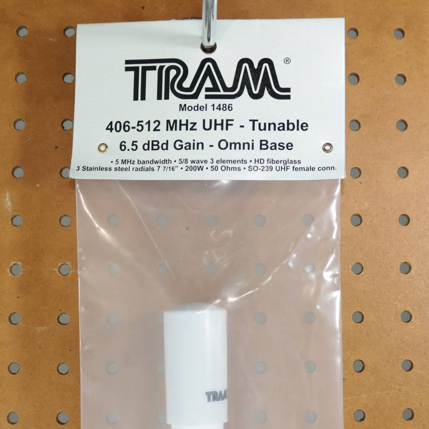 TRAM  
Model 1486  

406-512 MHz UHF - Tunable  
6.5 dBd Gain - Omni Base  

- 5 MHz bandwidth  
- 5/8 wave 3 elements  
- HD fiberglass  
- 3 Stainless steel radials 7 7/16"  
- 200W  
- 50 Ohms  
- SO-239 UHF female conn.