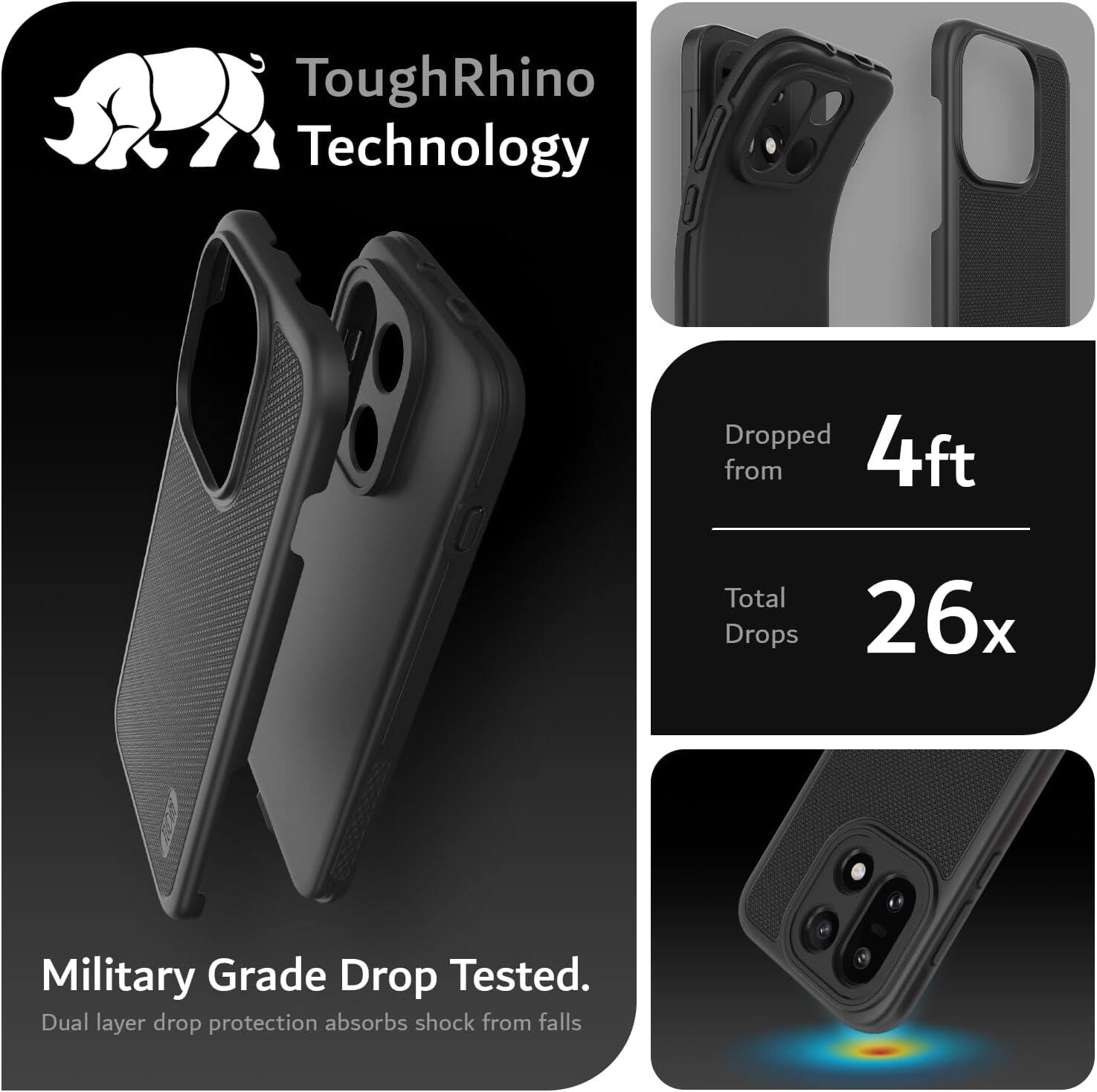 ToughRhino Technology

Dropped from 4ft  
Total Drops 26x

Military Grade Drop Tested.  
Dual layer drop protection absorbs shock from falls