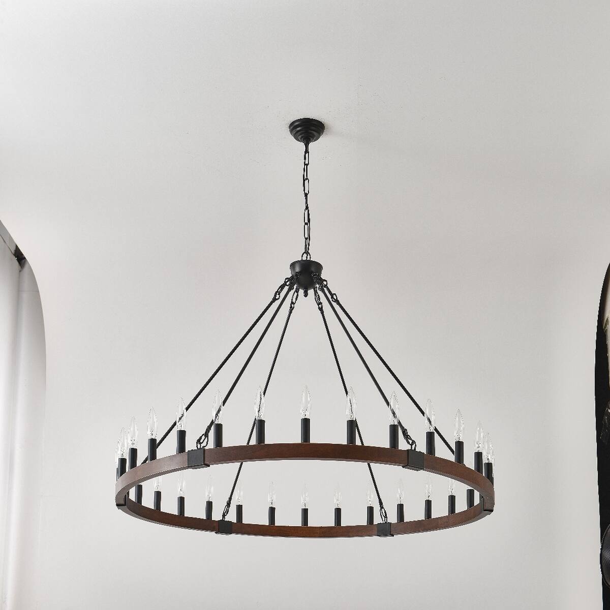 Alt View 9. Loheer - Loheer 30 Light Wood Wagon Wheel Chandelier, Matte Black Farmhouse Pendant Light for Dining Room.