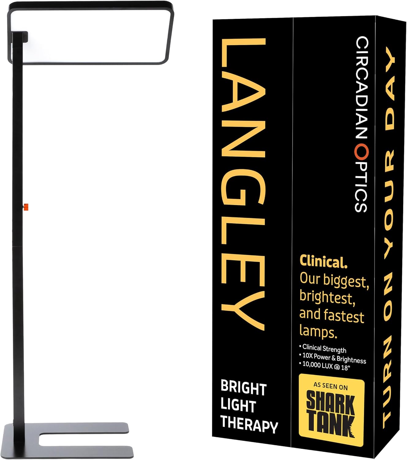 CIRCADIAN DAY LANGLEY OPTICS YOUR Clinical. Our biggest, brightest, and fastest lamps. NO Clinical Strength 10X Power & 10,000 Brightness LUX @ 18° THERAPY BRIGHT LIGHT TANK SHARK AS SEEN ON TURN