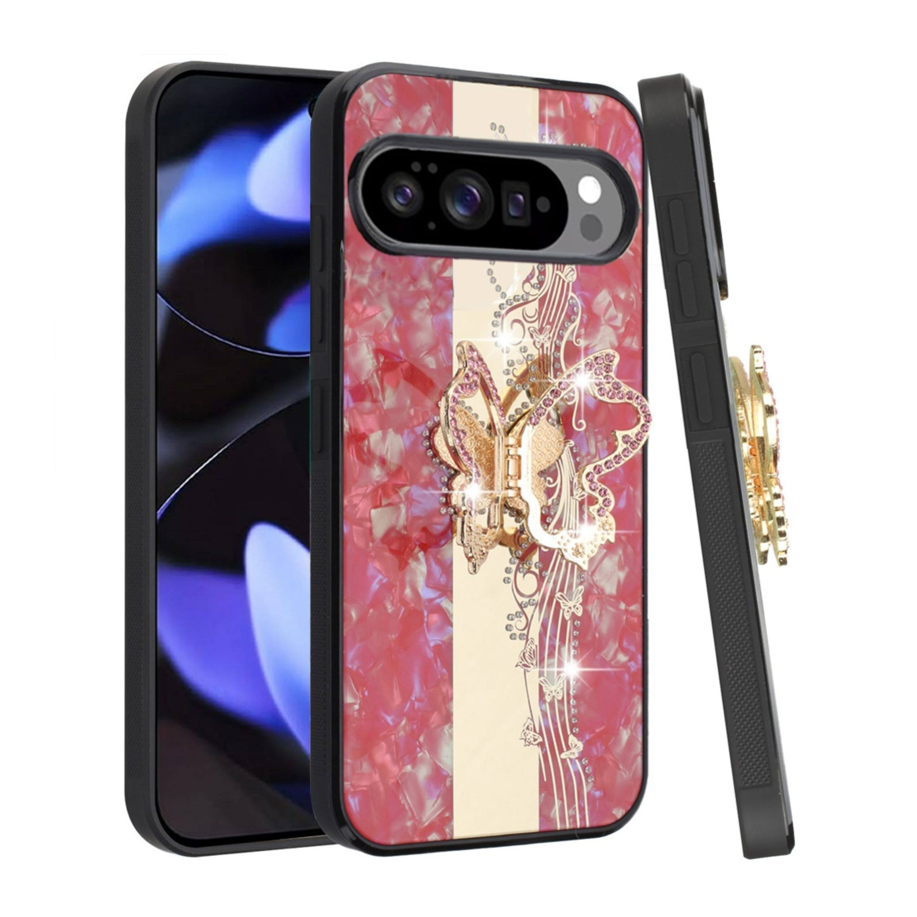 Angle. Kitcheniva - Luxury Rhinestone Bling Case With Tempered Glass For Google Pixel 10 / 10 Pro Enchanted Butterfly Red - Multicolor.
