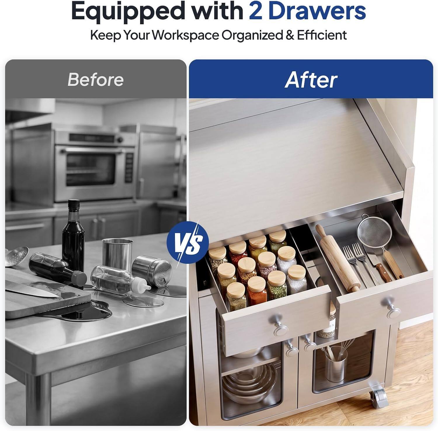 Equipped with 2 Drawers  
Keep Your Workspace Organized & Efficient  

Before  
After  

VS