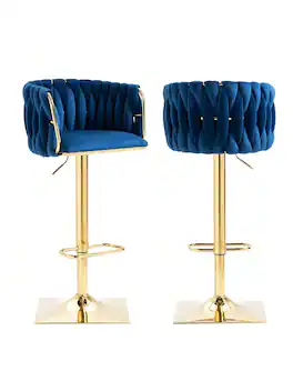 Trinkets Crazed - Swivel Velvet Bar Stool Set Of 2, Adjustable Comfy Counter Height Barstool, Modern Dining Chair With Woven Back - Navy