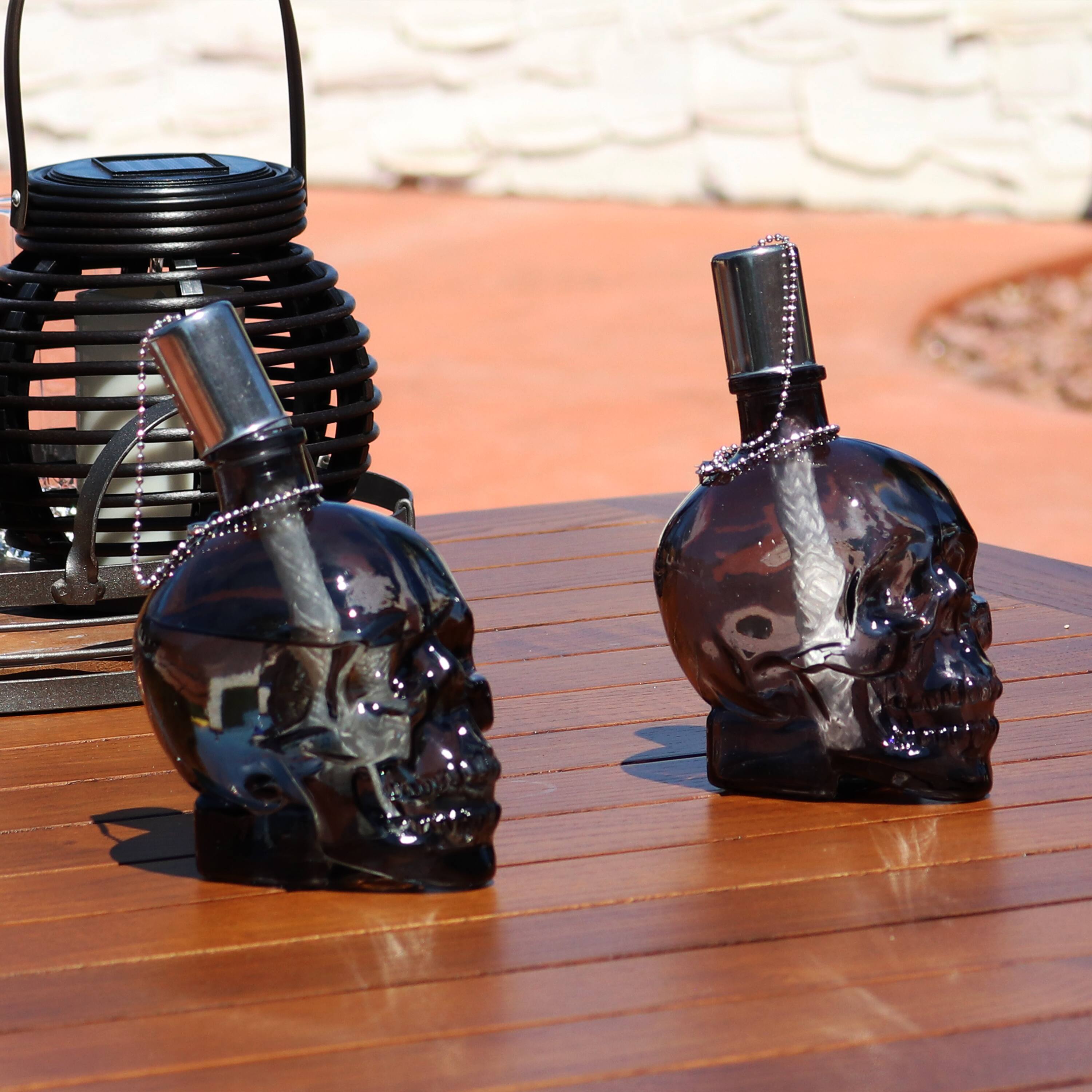 Alt View 3. Sunnydaze - Glass/Aluminum Grinning Skull Tabletop Torches - Set of 4 - Black.