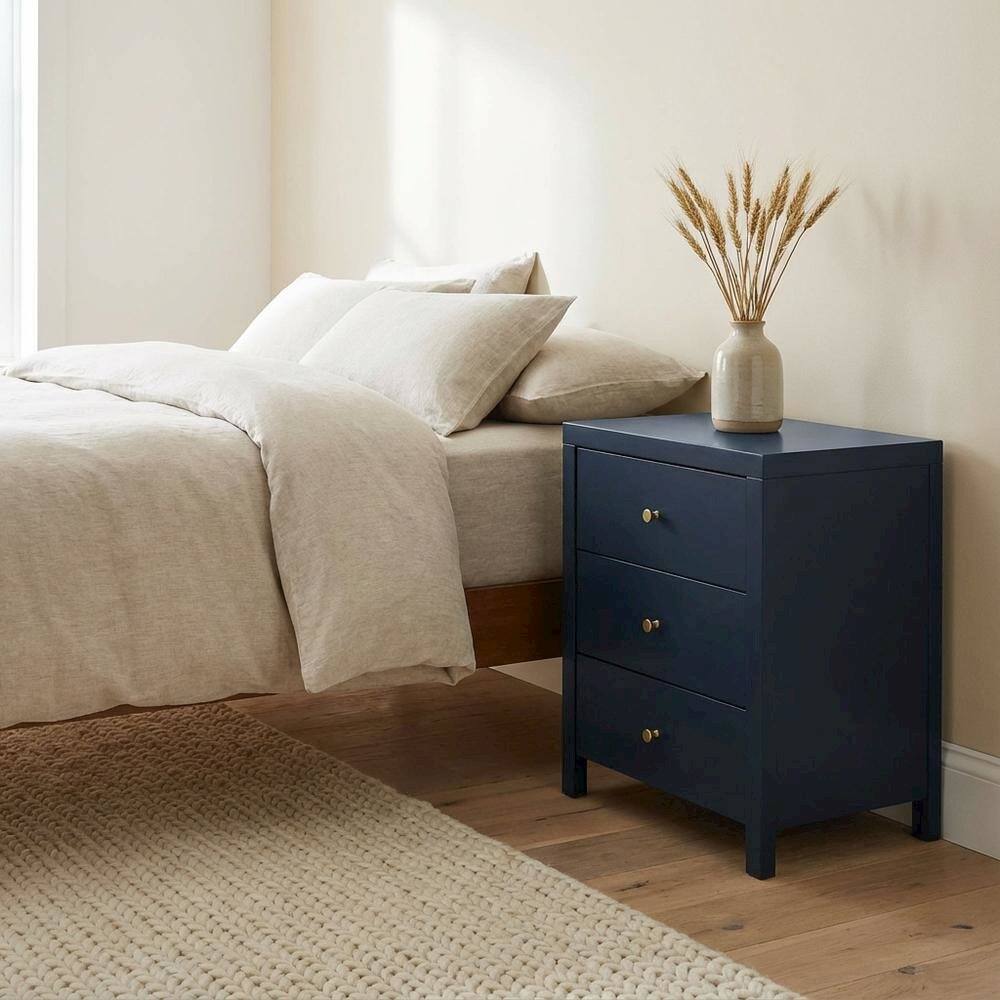 Left. FurniFact - Midnight Blue Nightstand with Three Drawers and Casual Style - Blue.