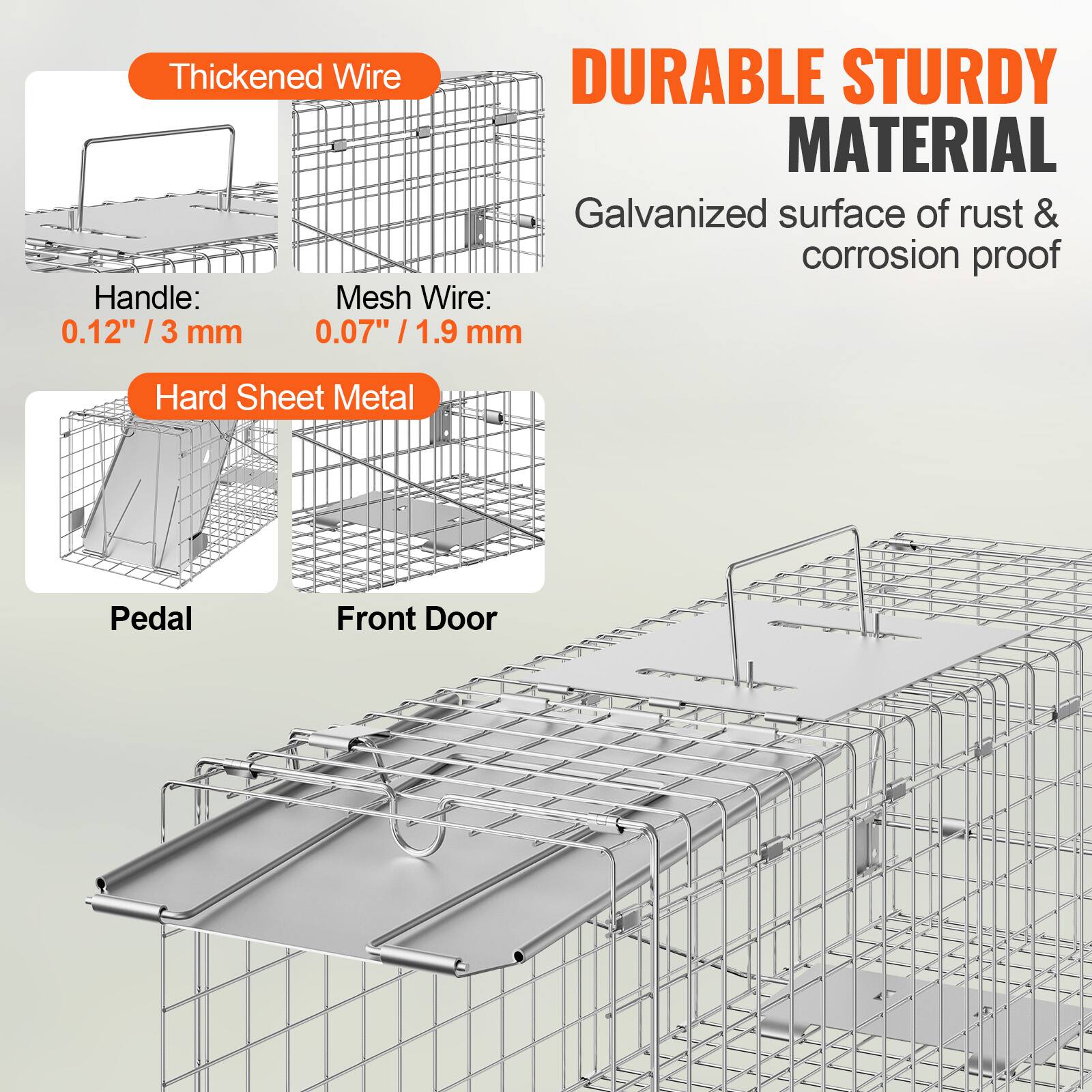 Thickened Wire: Durable, sturdy material with a galvanized surface for rust and corrosion proofing.  
Handle: Mesh Wire - 0.12" / 3 mm  
Mesh Wire: 0.07" / 1.9 mm  
Hard Sheet Metal: Pedal, Front Door