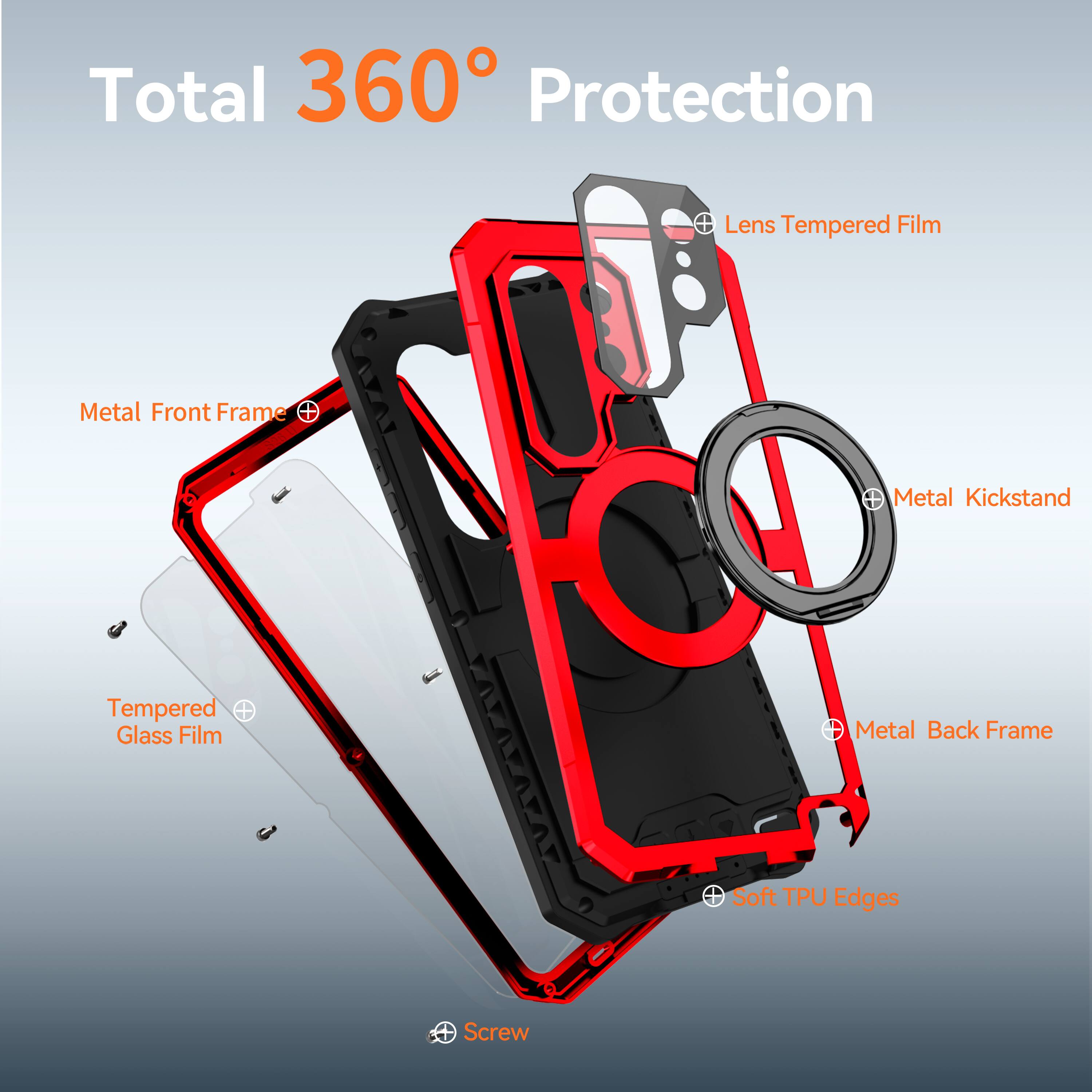 Total 360° Protection

- Lens Tempered Film
- Metal Front Frame
- Metal Kickstand
- Tempered Glass Film
- Metal Back Frame
- Soft TPU Edges
- Screw