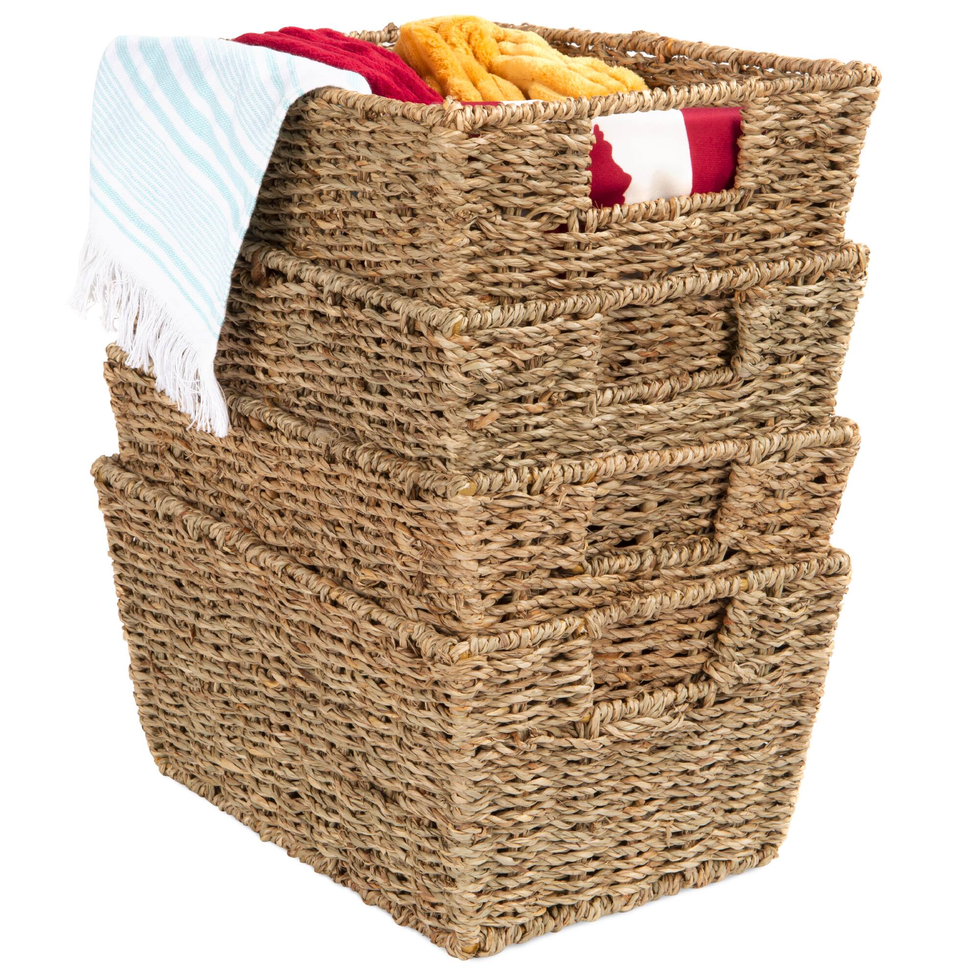 Best Choice Products - Set of 4 Multipurpose Stackable Seagrass Storage Laundry Organizer Baskets w/ Handles - Natural