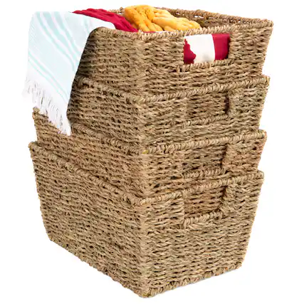 Front. Best Choice Products - Best Choice Products Set of 4 Multipurpose Stackable Seagrass Storage Laundry Organizer Baskets w/ Handles - Natural - Natural.