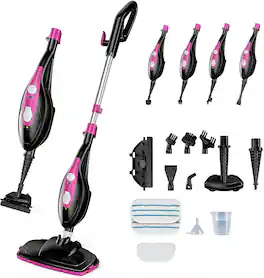 Sweet - 10-in-1 Steam Mop, 1550W Detachable Handheld Steam Cleaner for Floor Cleaning, 16FT Cord, 2 Washable Pads - Black Pink