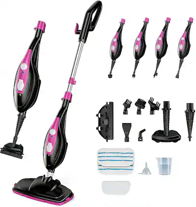 Front. Sweet - 10-in-1 Steam Mop, 1550W Detachable Handheld Steam Cleaner for Floor Cleaning, 16FT Cord, 2 Washable Pads - Black Pink.