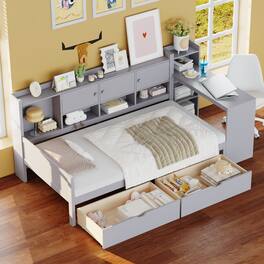 TinyHomie - Twin Size Daybed with Storage 3 Cabinets 2 Drawers Wooden L-Shape Daybed Frame with Study Desk and Built-in Bookshelf - Gray