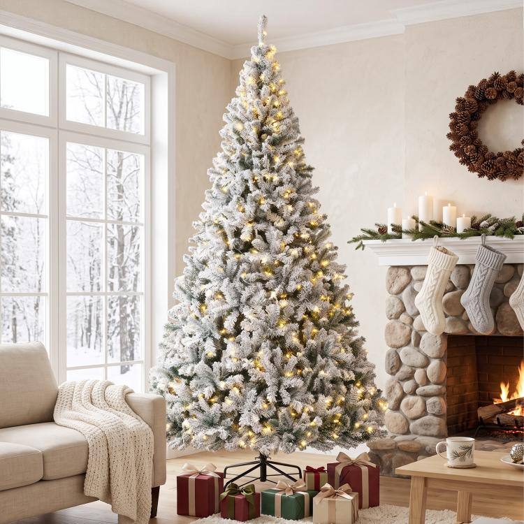 Alt View 2. PULUZ - 9ft Flocked Prelit Christmas Tree, Fraser Fir, Hinged Xmas Tree - White and Green.