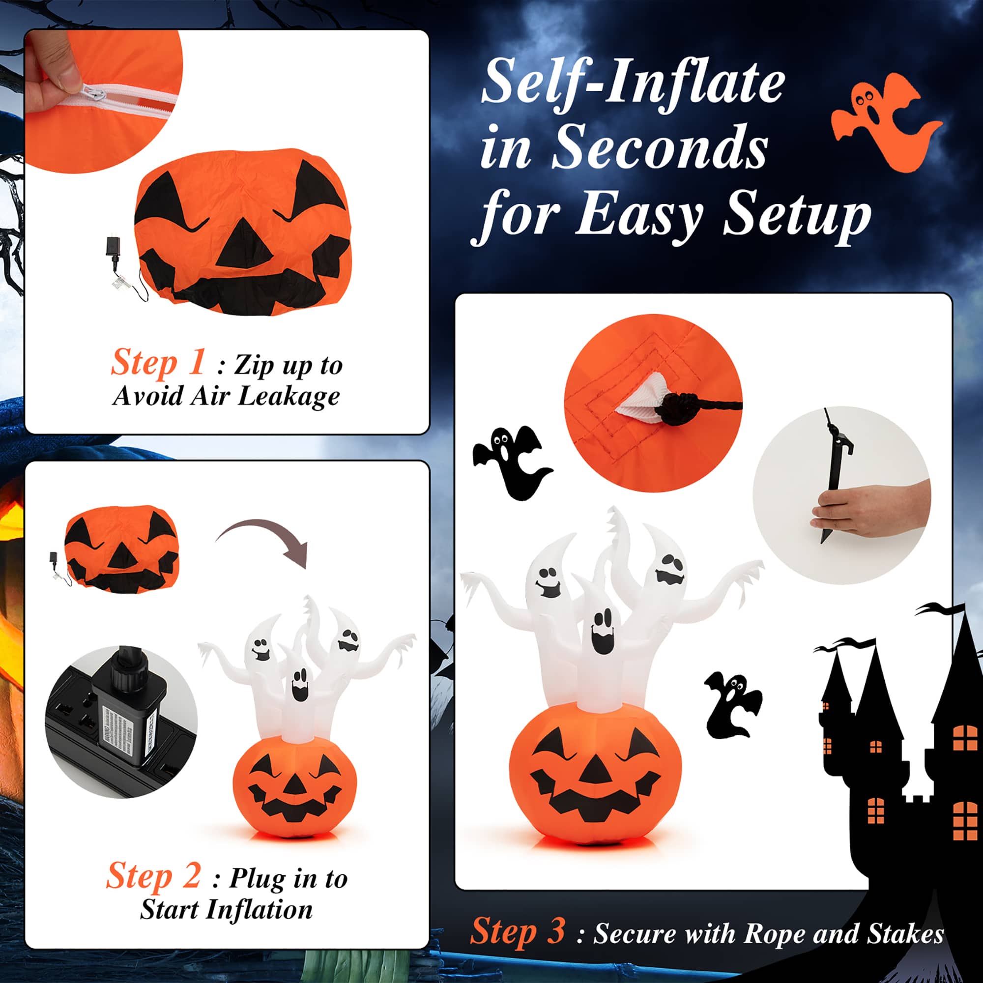 Self-Inflate in Seconds for Easy Setup
Step 1: Zip up to Avoid Air Leakage
Step 2: Plug in to Start Inflation
Step 3: Secure with Rope and Stakes