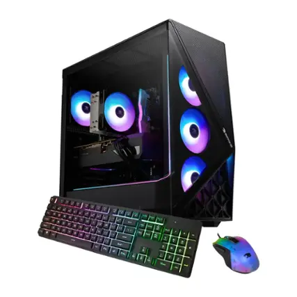 The image features a computer setup with a keyboard and mouse sitting in front of a computer tower. The computer tower has a purple light, and the keyboard has a rainbow color scheme. The mouse is placed to the right of the keyboard. The setup appears to be a gaming computer, as indicated by the presence of the purple light on the tower.