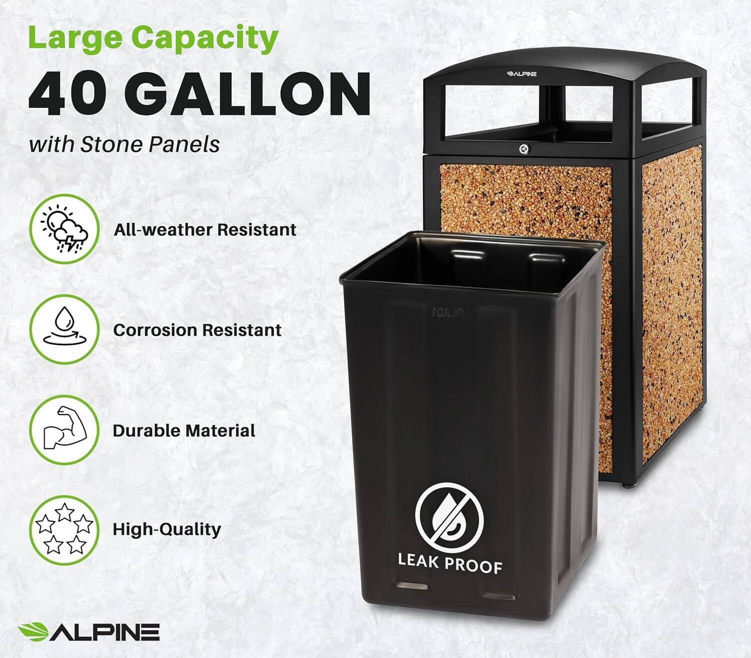 Large Capacity 40 GALLON with Stone Panels, All-weather Resistant, Corrosion Resistant, Durable Material, High-Quality, LEAK PROOF, ALPINE