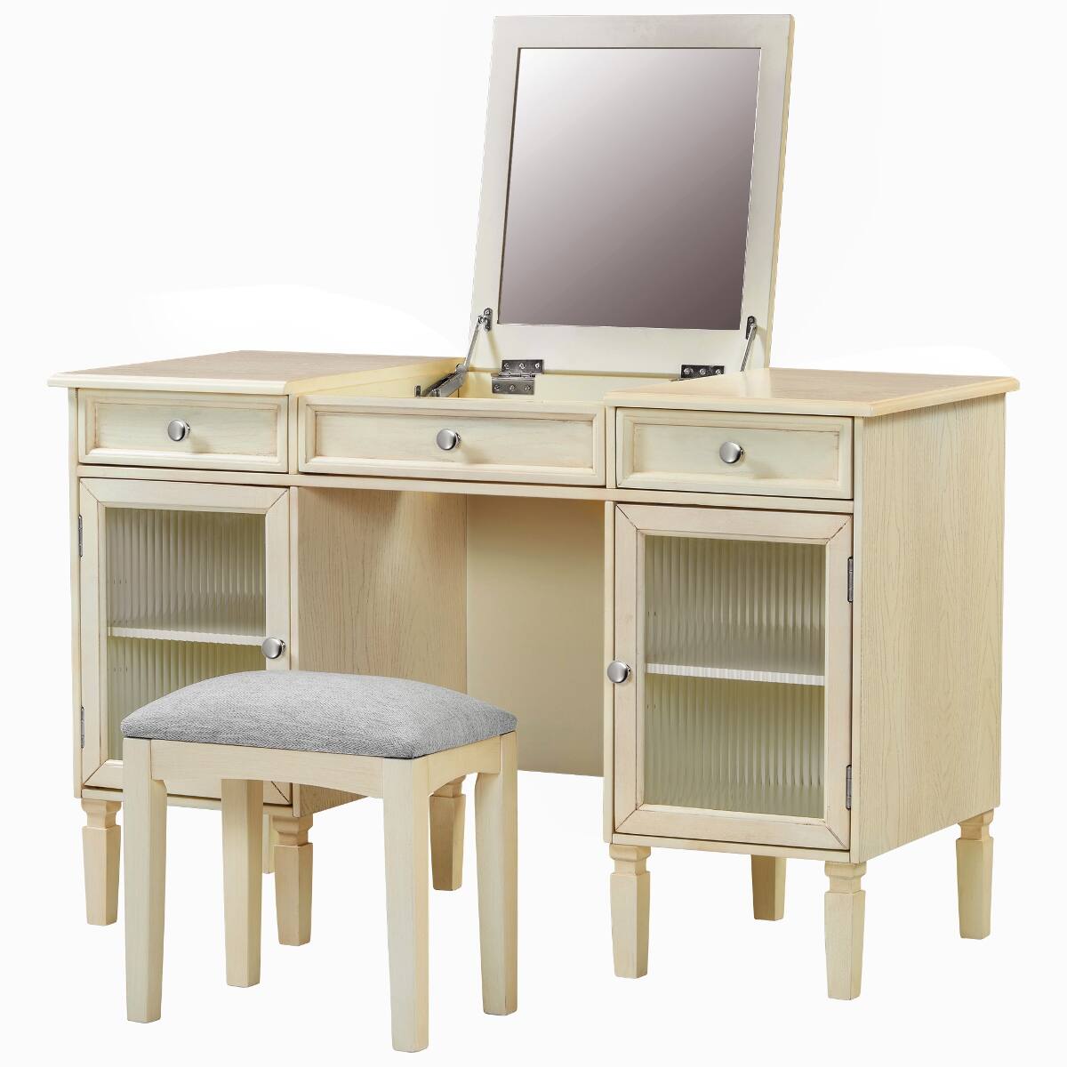 Alt View 10. Loheer - Loheer Makeup Vanity Desk with Stool, Flip Top Mirror, White Oak - White Oak.