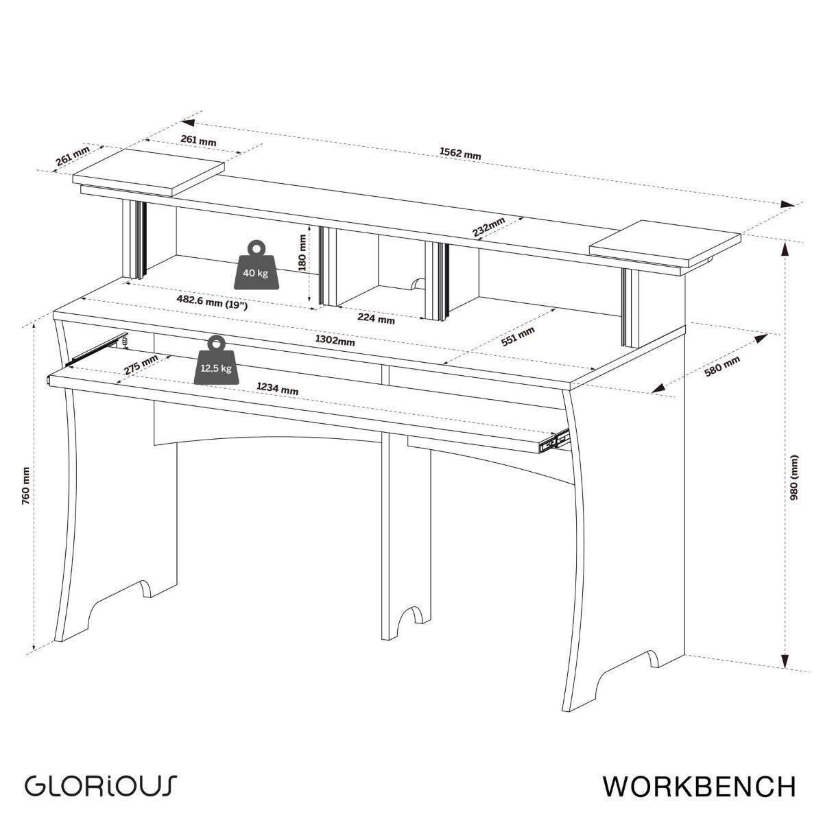 261 mm  
261 mm  
1562 mm  
40 kg  
482.6 mm (19")  
224 mm  
1302 mm  
12.5 kg  
1234 mm  
551 mm  
580 mm  
760 mm  
980 mm  
GLORIOUS WORKBENCH