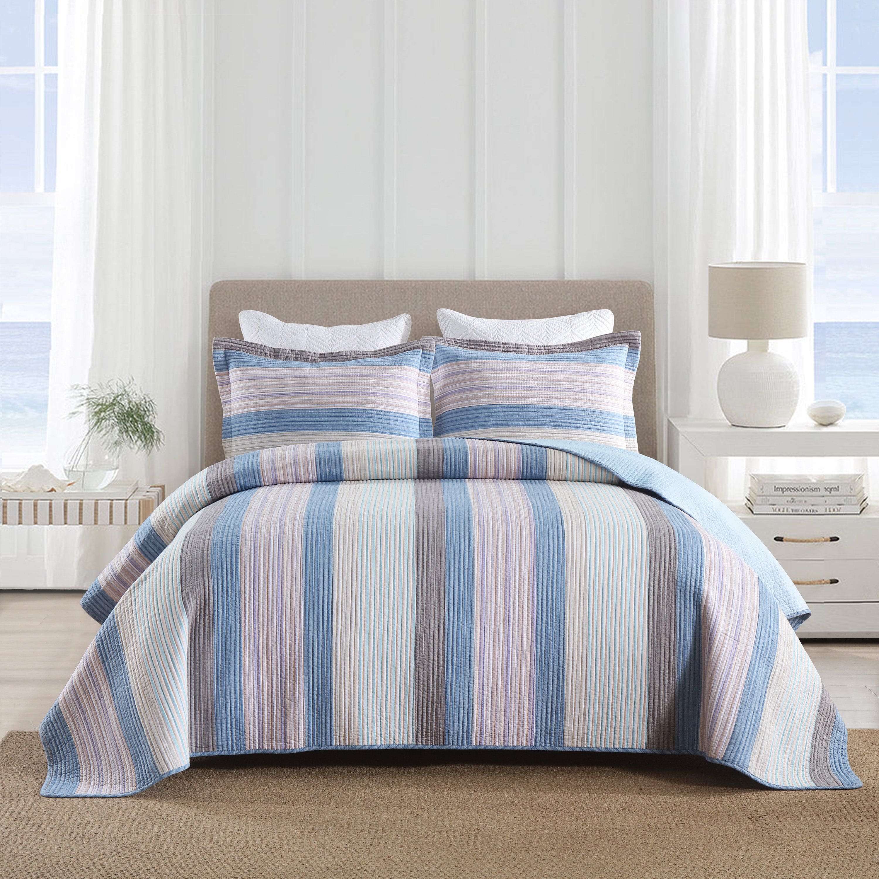 MarCielo - 3Pcs 100% Cotton Striped Quilt Bedspread Set Reversible Bedding - Blue