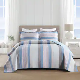MarCielo - 3Pcs 100% Cotton Striped Quilt Bedspread Set Reversible Bedding - Blue