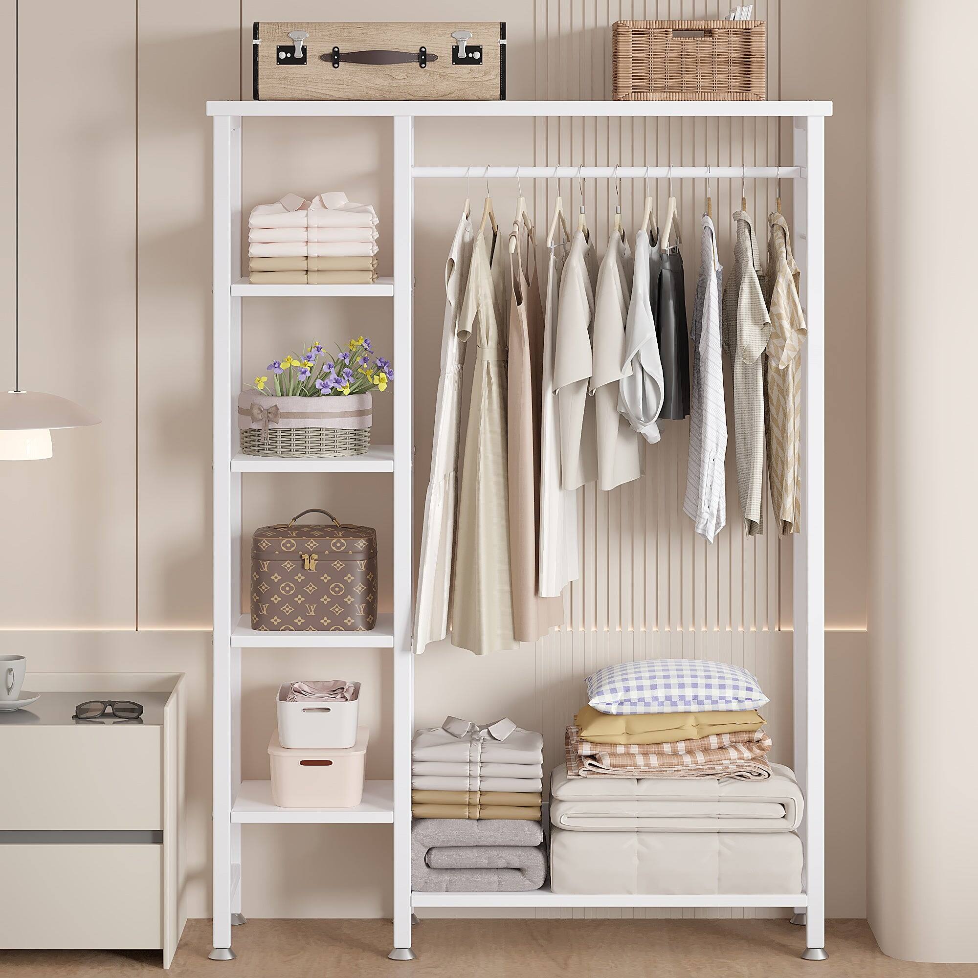 Alt View 3. Vecelo - Freestanding Closet Organizer with Shelves and Garment Rod, Heavy Duty Metal Clothing Rack for Small Spaces - White.