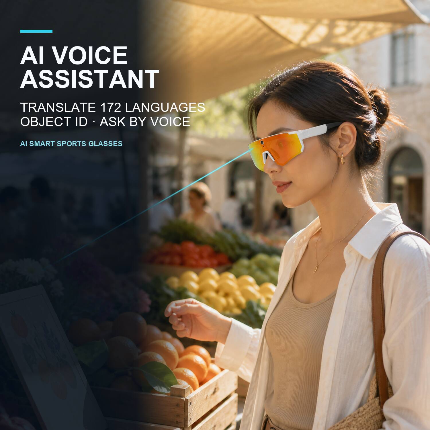 AI VOICE ASSISTANT  
TRANSLATE 172 LANGUAGES  
OBJECT ID • ASK BY VOICE  

AI SMART SPORTS GLASSES