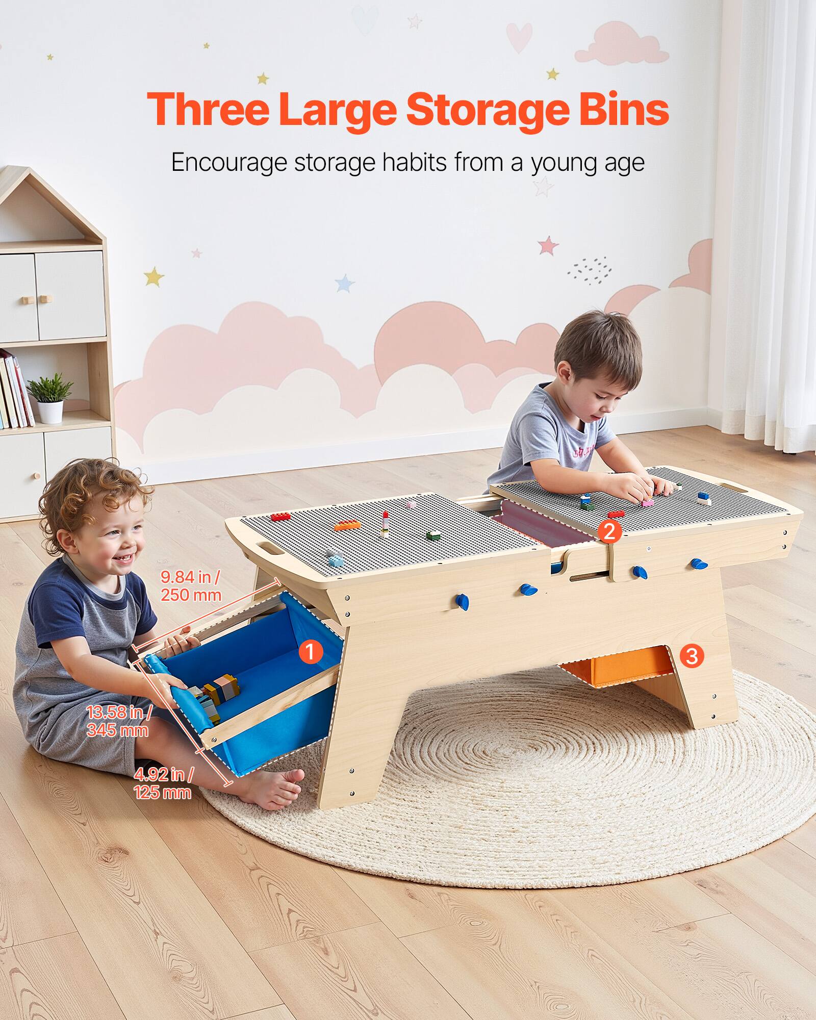 Three Large Storage Bins  
Encourage storage habits from a young age  

1. 9.84 in / 250 mm  
2. 13.58 in / 345 mm  
3. 4.92 in / 125 mm