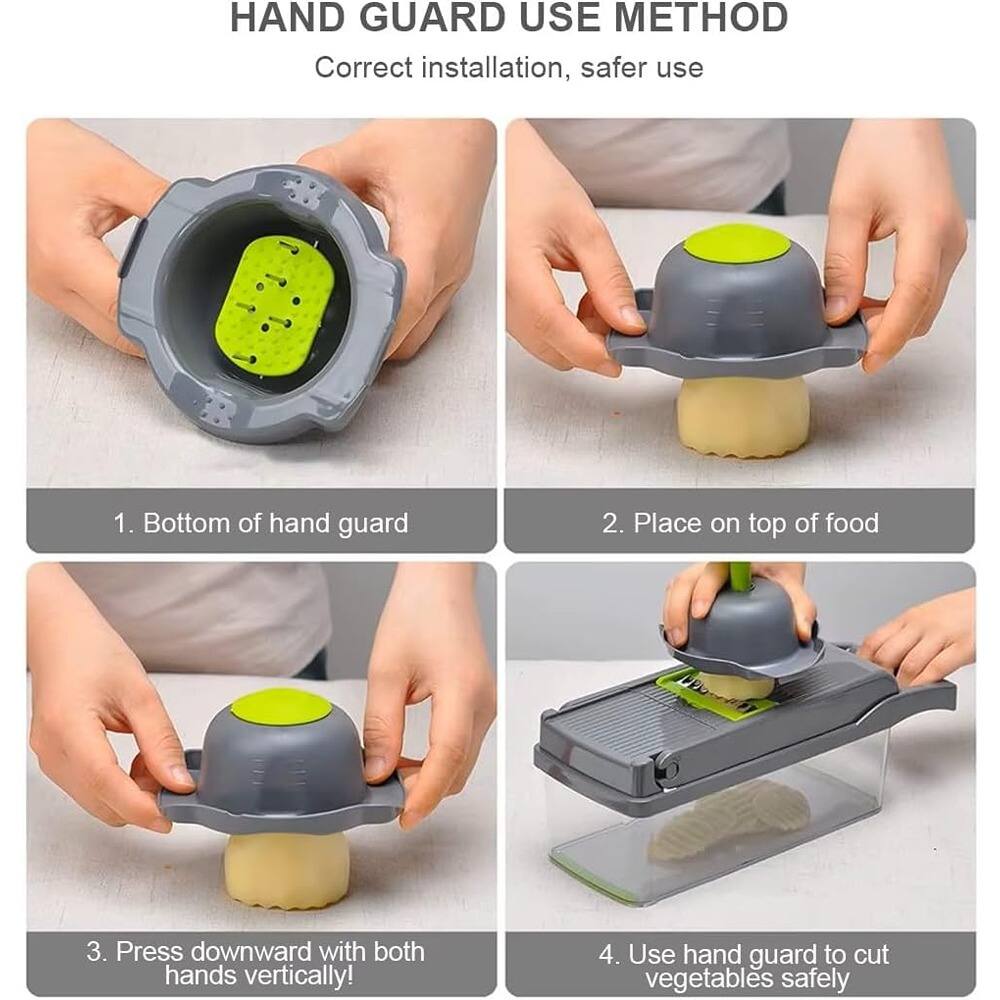 HAND GUARD USE METHOD  
Correct installation, safer use  

1. Bottom of hand guard  
2. Place on top of food  
3. Press downward with both hands vertically!  
4. Use hand guard to cut vegetables safely