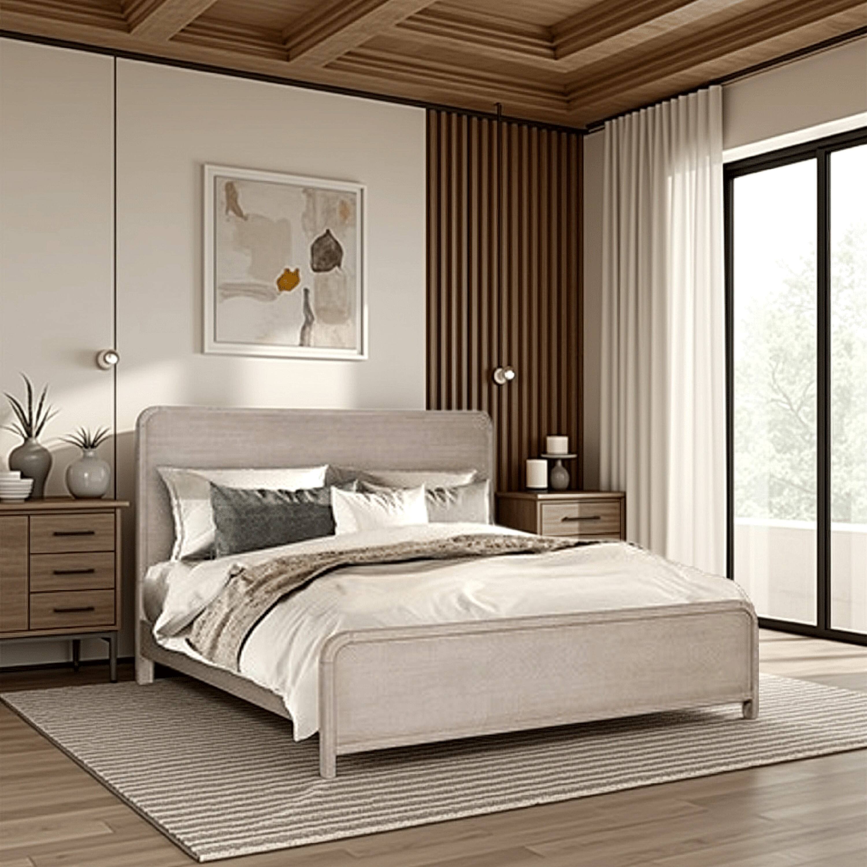 Alt View 5. Manhattan Lane - Giva Queen Bed, Rounded Edges, Natural Oak Beige, Solid Rubberwood - Natural Oak Beige Brown.