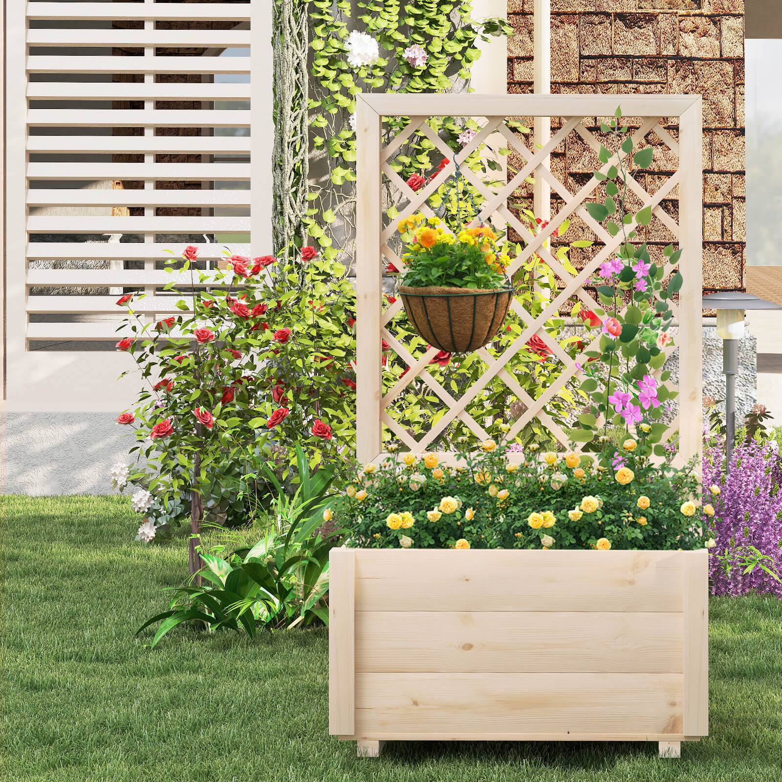 Alt View 1. Costway - Costway 2 PCS 40" Tall Wooden Raised Garden Bed with Lattice Trellis for Climbing Vine - Natural.