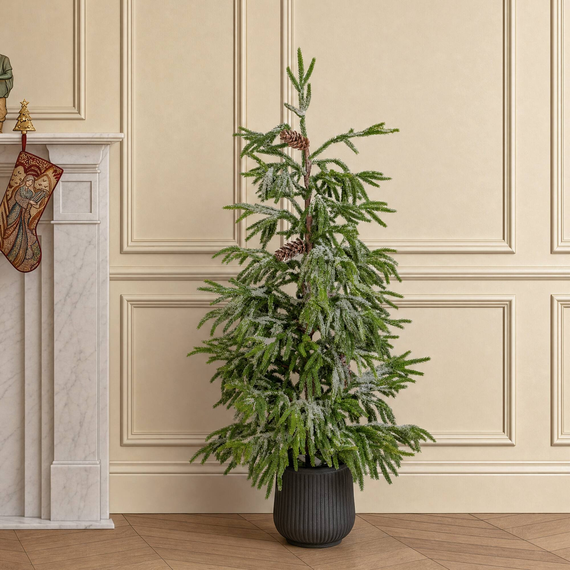 Front. Glitzhome - 3ft Christmas Artificial Frosted Norfolk Pine Porch Tree with Pinecones - Green.