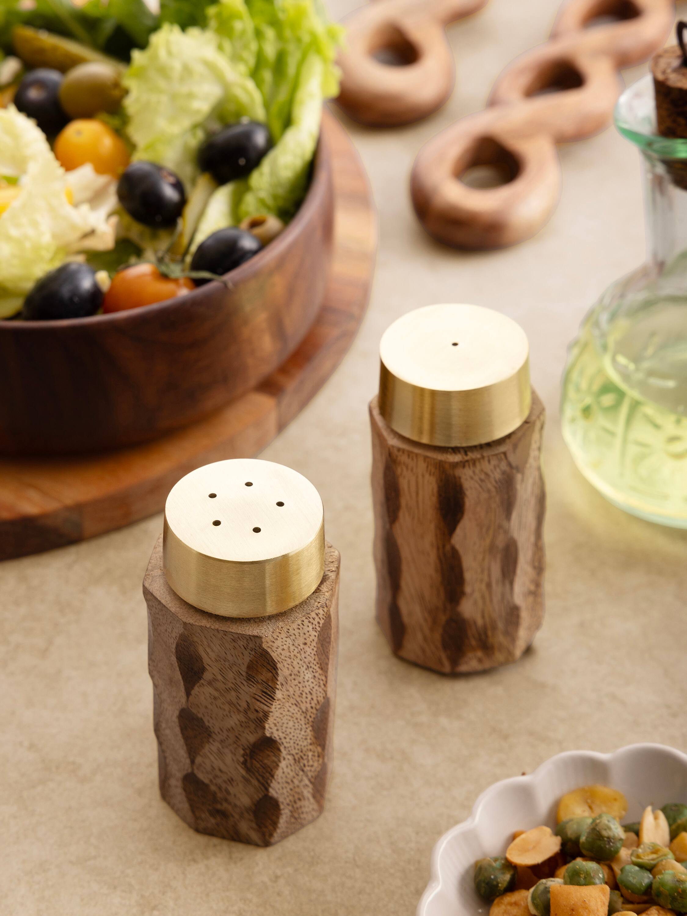 Angle. GAURI KOHLI - Macello Salt & Pepper Shakers - Brown, shiny gold.