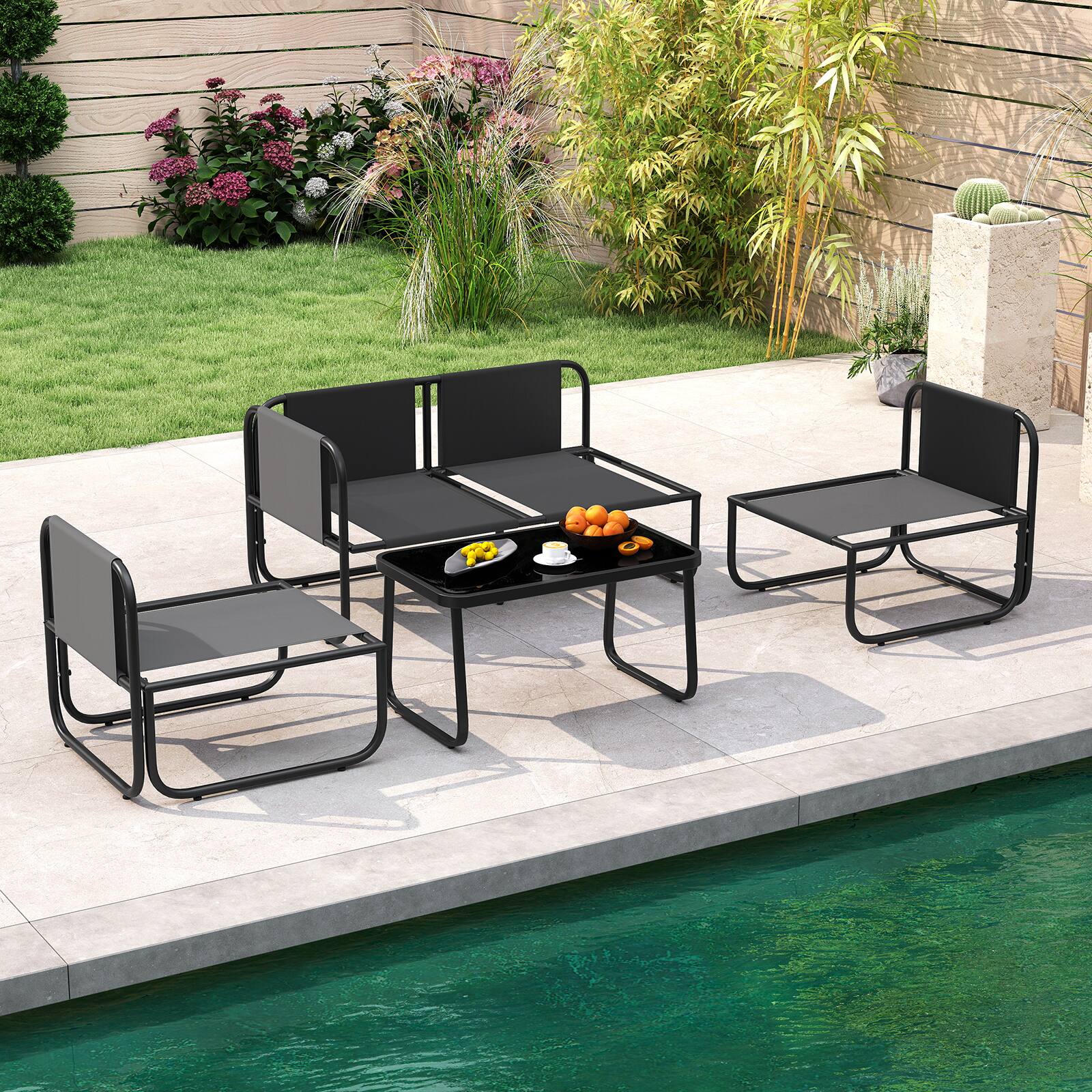 Alt View 3. Costway - Costway 4 PCS Patio Furniture Set with Cushions & Tempered Glass Coffee Table for Garden - Black,Gray.