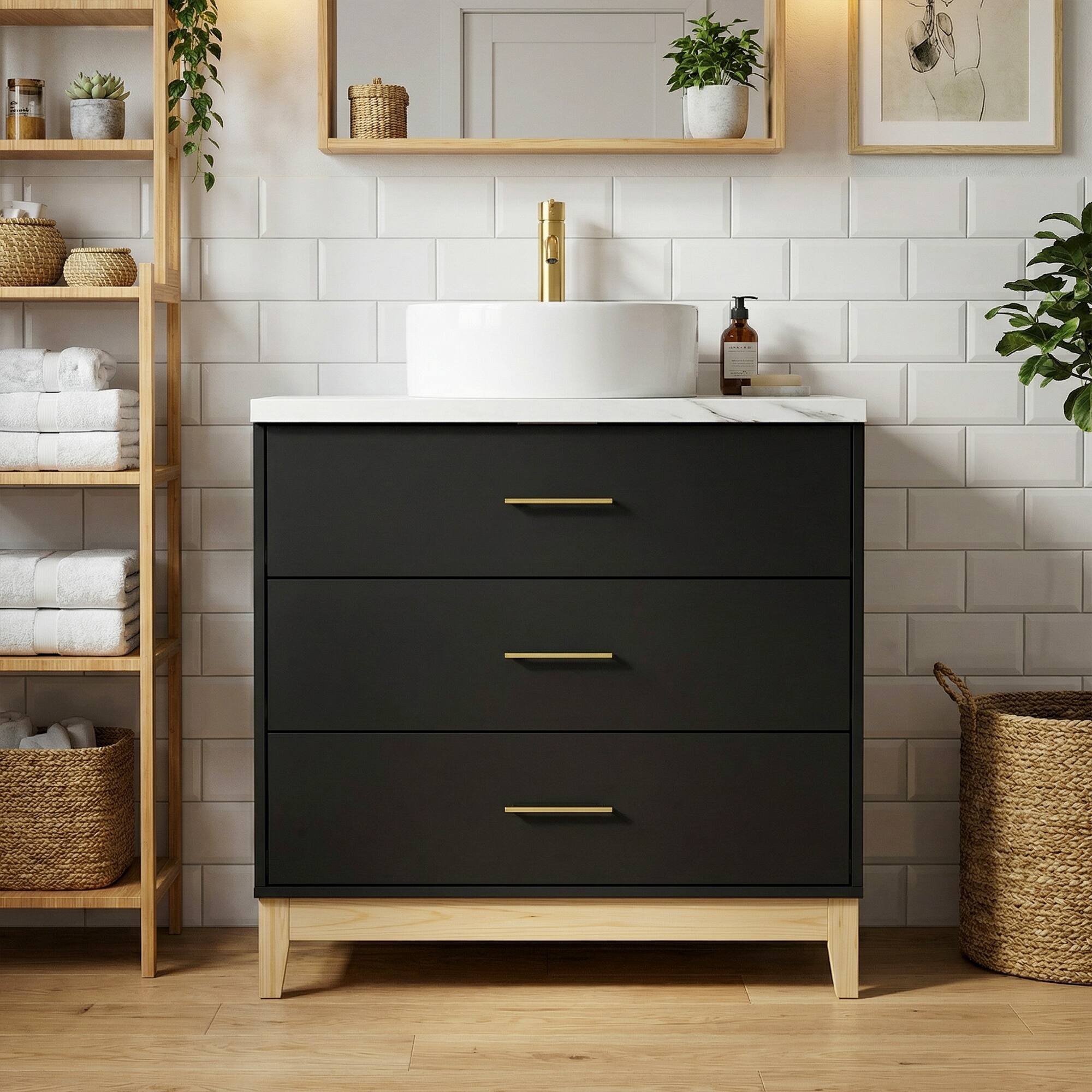 Angle. FUFU & GAGA - Bathroom Vanity with Round Ceramic Vessel Sink – 31.5" Faux Marble Top, 3 Drawers, Gold Handles for Modern Bathroom - Black.