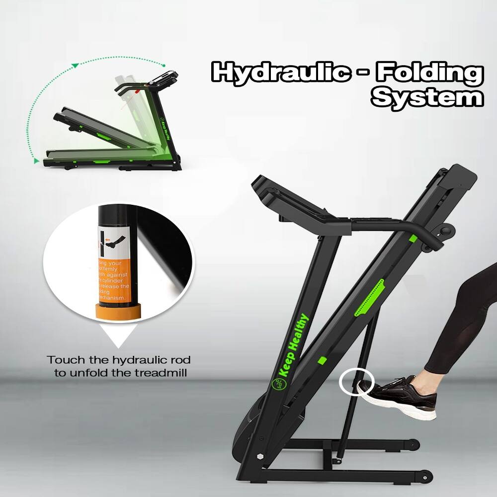 Hydraulic-Folding System

Hold your M firmly against the cylinder, release the locking mechanism. Touch the hydraulic rod to unfold the treadmill. Keep Healthy