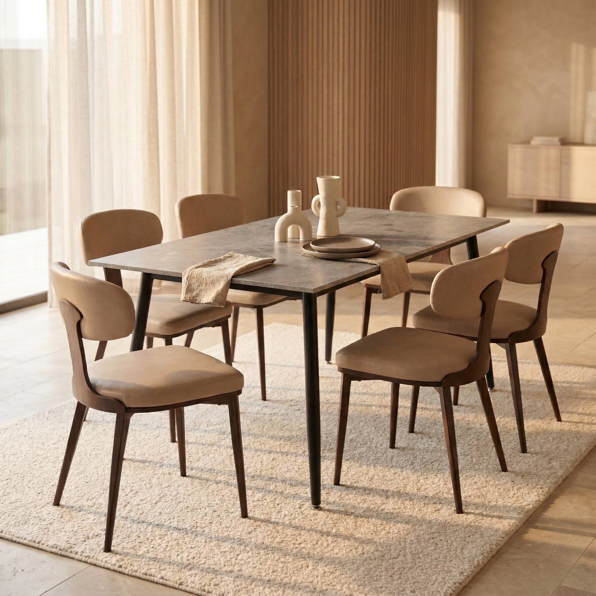 Left. LeisureMod - Dilenny Modern Upholstered Leather Dining Chair with Tapered Powder-Coated Steel Legs & Curved Back - Taupe.