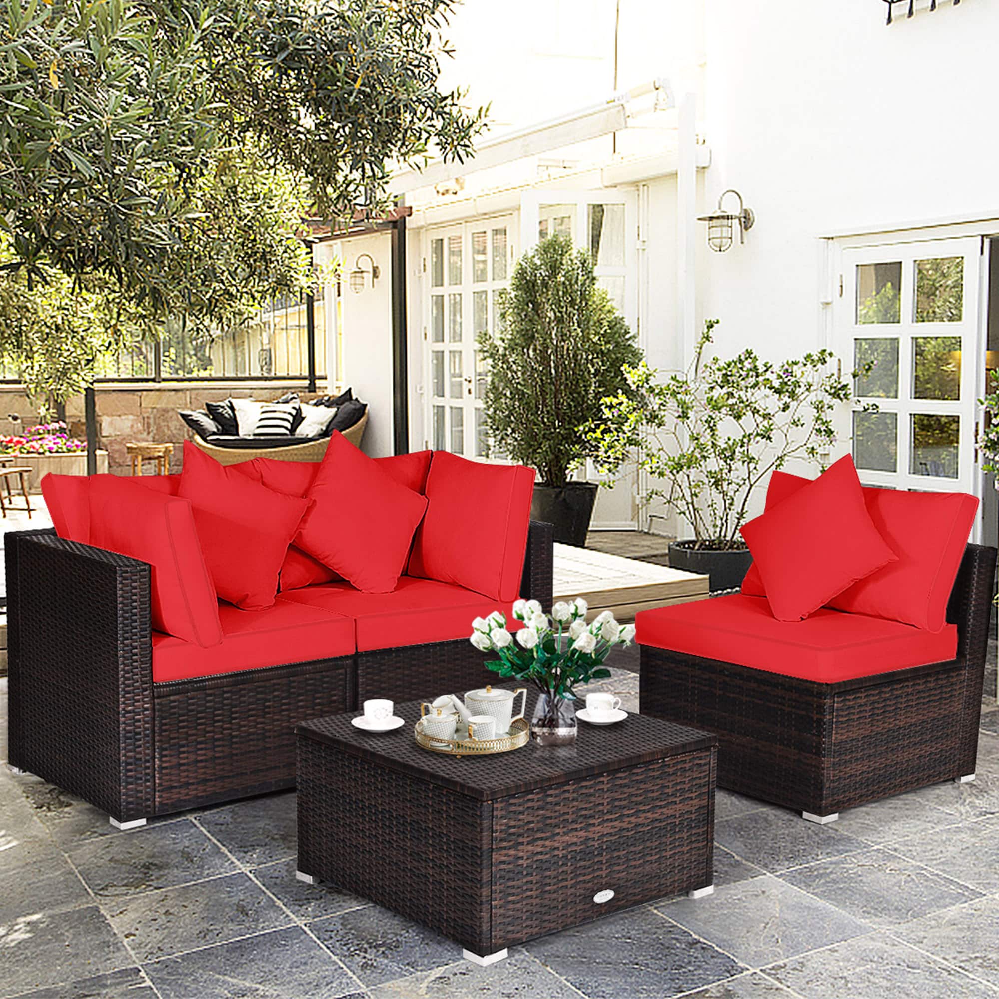 Gymax - 4PCS Rattan Patio Conversation Furniture Set Yard Outdoor w/ Cushion - Red