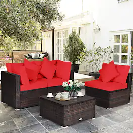 Gymax - 4PCS Rattan Patio Conversation Furniture Set Yard Outdoor w/ Cushion - Red